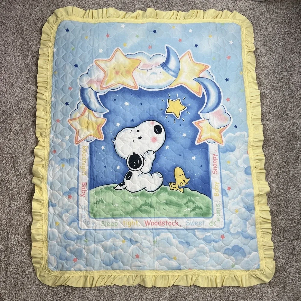 Snoopy Vintage Crib Baby Blanket Woodstock Peanuts Blue Mint Condition 48 x 39